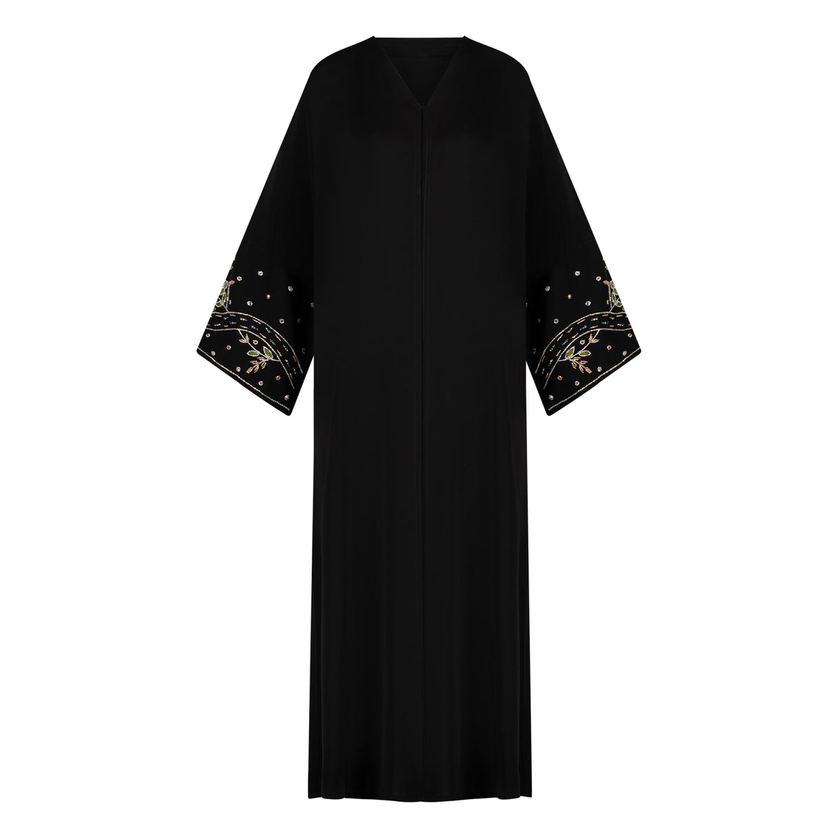 Reema Abaya available in Black, Vanilla, and Chocolate Brown with golden and silver beaded sleeves in a floral and leafy design. Made from crepe fabric with popper buttons, available in sizes 50-60. Includes a matching hijab.