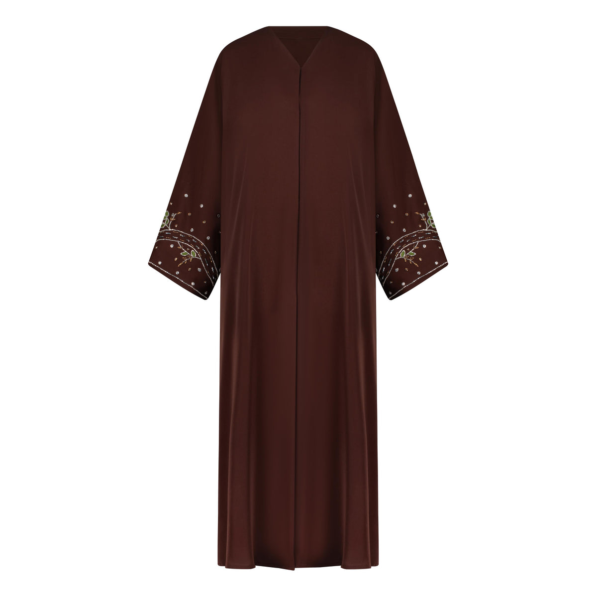 Reema Abaya available in Black, Vanilla, and Chocolate Brown with golden and silver beaded sleeves in a floral and leafy design. Made from crepe fabric with popper buttons, available in sizes 50-60. Includes a matching hijab.